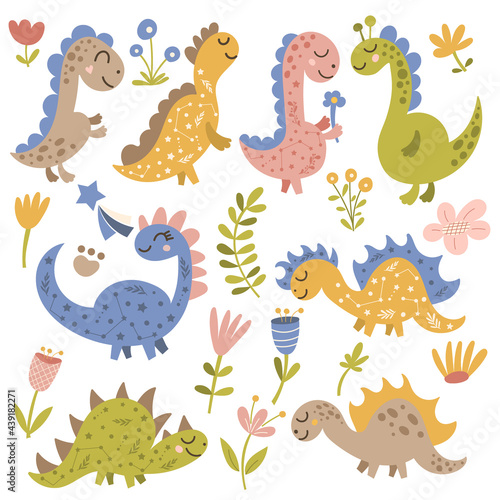 Dinosaurs and flowers clip art set. Vector illustration.