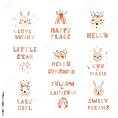 Set of nursery poster prints with lettering quotes and bunnies. Vector illustration.