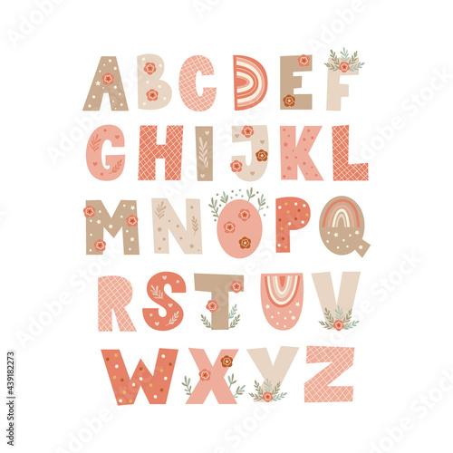 Alphabet letter set with floral elements. Vector illustration.