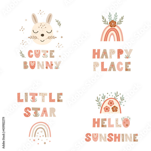 Set of nursery poster prints with lettering quotes and bunnies. Vector illustration.