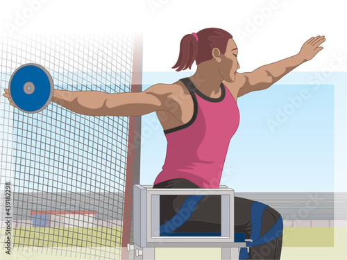 para sports paralympic discus throw, physical disabled female athlete, track and field, with net and stadium in background