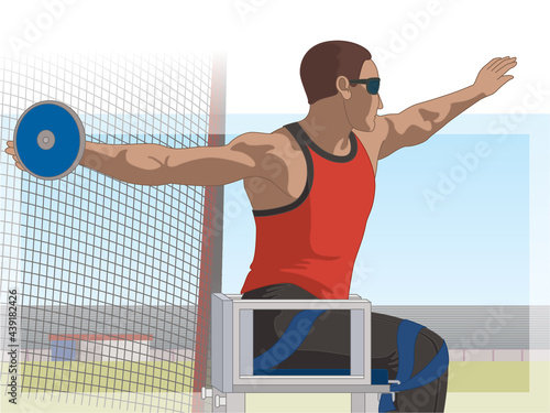 para sports paralympic discus throw, visual impaired male athlete, track and field, with net and stadium in background