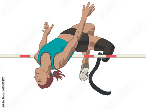 para sports paralympic high jump, physical disabled female athlete on prosthetic leg, track and field, isolated on a white background