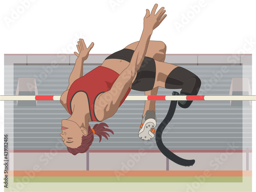 para sports paralympic high jump, physical disabled female athlete on prosthetic leg, track and field, with stadium in background