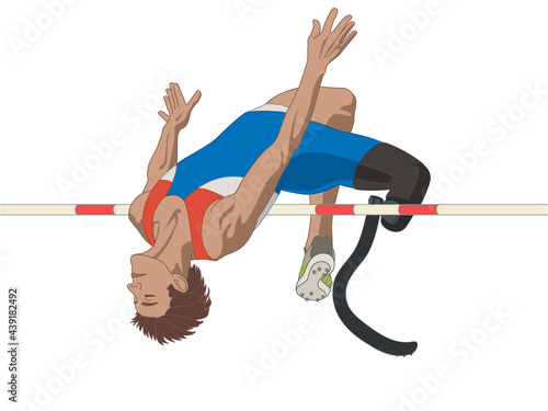para sports paralympic high jump, physical disabled male athlete on prosthetic leg, track and field, isolated on a white background