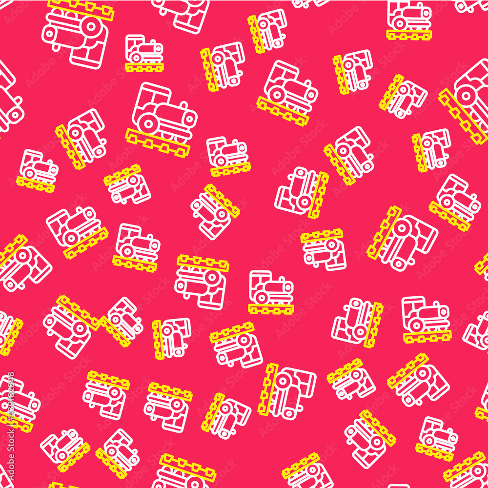 Fototapeta premium Line Vintage locomotive icon isolated seamless pattern on red background. Steam locomotive. Vector