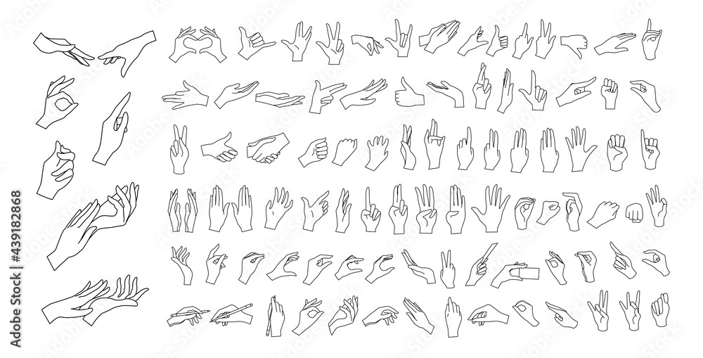 Gesturing. Set of contour hands in different gestures. Female hands in various situations. Hand showing signal or sign collection, on white background isolated. Wrist. ​vector illustration - obrazy, fototapety, plakaty 