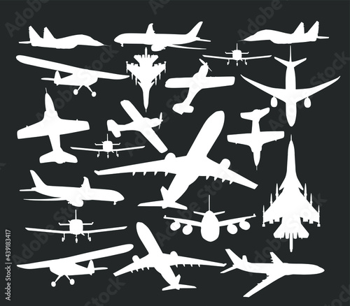 Airplane vector silhouette illustration isolated on black background. Jet plane airport symbol. Aircraft go to destination. Plane shadow. School of flying. Commercial flight. Military war jet fighter.