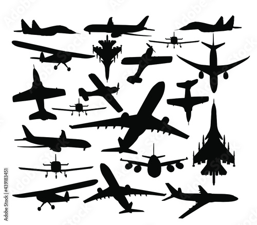 Airplane vector silhouette illustration isolated on white background. Jet plane airport symbol. Aircraft go to destination. Plane shadow. School of flying. Commercial flight. Military war jet fighter.