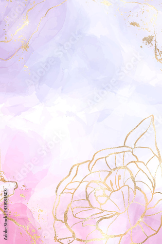 Abstract lavender liquid watercolor background with gold floral decoration elements. Pastel pink violet marble alcohol ink drawing effect and golden peony flower. Vector elegance illustration
