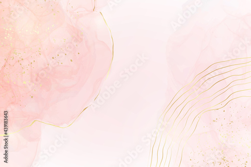 Abstract blush pink liquid watercolor background with golden glitter stains and lines. Rose marble alcohol ink drawing effect with gold foil. Vector illustration template for wedding invitation