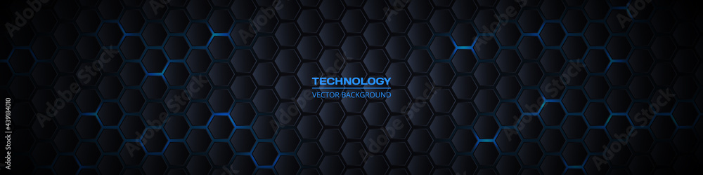 Dark gray and blue horizontal hexagonal 3d technology abstract vector background. Blue bright energy flashes under hexagon in futuristic modern technology wide banner. Dark gray honeycomb texture grid Dark gray and blue horizontal hexagonal 3d technology abstract vector background. Blue bright energy flashes under hexagon in futuristic modern technology wide banner. Dark gray honeycomb texture grid