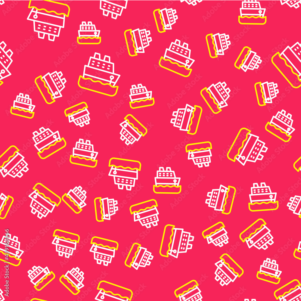 Line Cruise ship icon isolated seamless pattern on red background. Travel tourism nautical transport. Voyage passenger ship, cruise liner. Worldwide cruise. Vector Line Cruise ship icon isolated seamless pattern on red background. Travel tourism nautical transport. Voyage passenger ship, cruise liner. Worldwide cruise. Vector