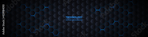 Dark gray and blue horizontal hexagonal 3d technology abstract vector background. Blue bright energy flashes under hexagon in futuristic modern technology wide banner. Dark gray honeycomb texture grid