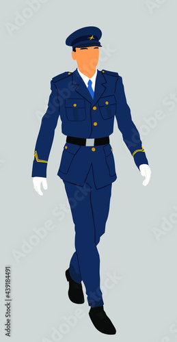 Elegant pilot in uniform walking vector illustration. Air plane cabin crew member. Civil air traffic captain officer on duty. Patriot man. Handsome boy.