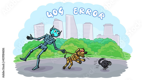 Web page template error 404. Android, robot dog and cat.