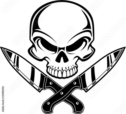 human skull with crossed meat cleavers and knifes
