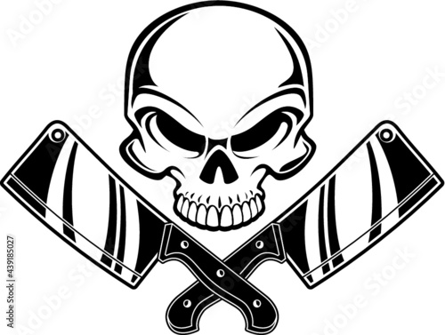 human skull with crossed meat cleavers and knifes
