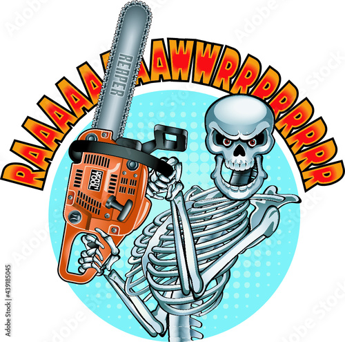 grinning human skeleton holding chainsaw