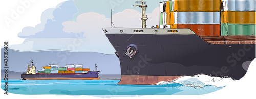 Container ships. Vector colored illustration.