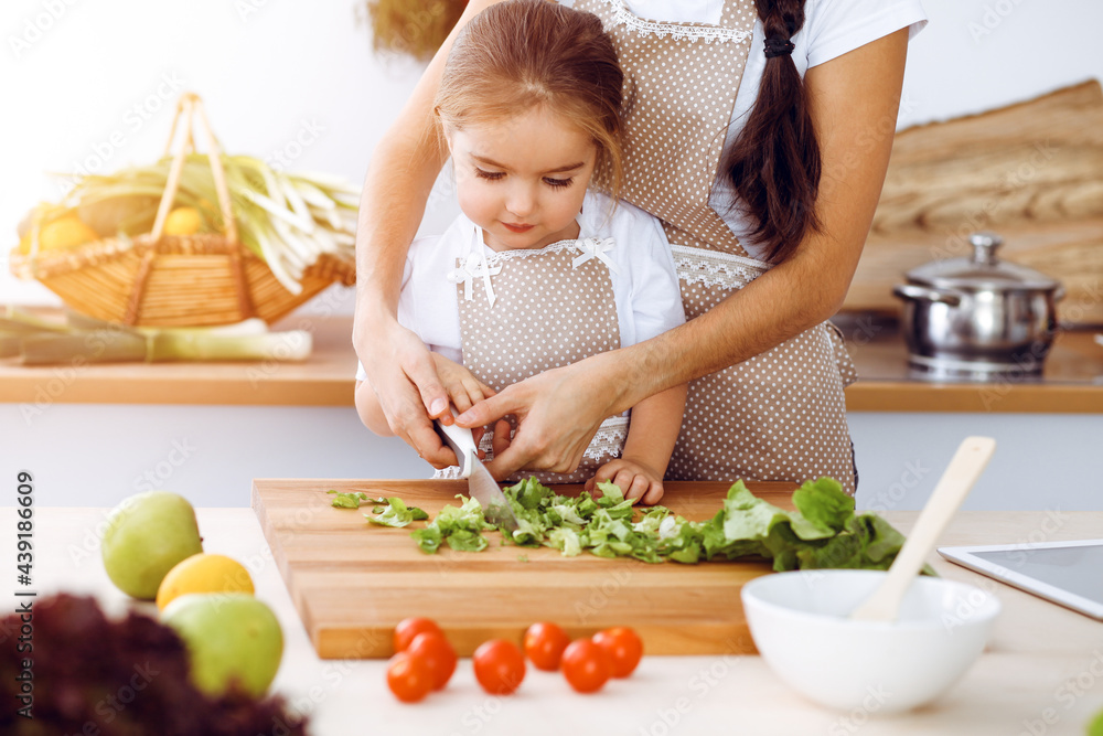 Happy woman and her daughter making healthy vegan salad and snacks for family feasting in sunny kitchen. Christmas, New year, Thanksgiving, Anniversary, Mothers Day. Healthy meal cooking concept Happy woman and her daughter making healthy vegan salad and snacks for family feasting in sunny kitchen. Christmas, New year, Thanksgiving, Anniversary, Mothers Day. Healthy meal cooking concept