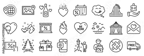Set of Holidays icons  such as Be mine  Free delivery  Fireworks icons. World travel  Discount coupon  Market signs. Surprise boxes  Puzzle  Love letter. Ice cream  No puzzle  Circus tent. Vector