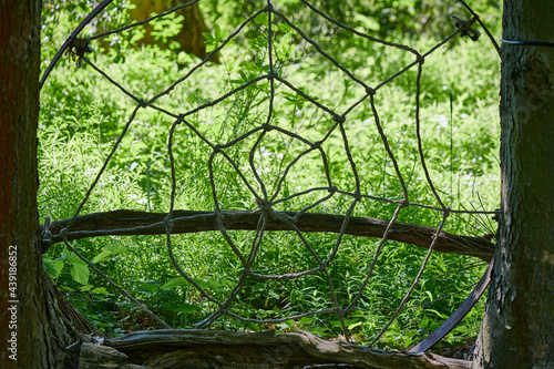 Gigantyczna pajęcza sieć rozpięta pomiędzy drzewami i wykonana z grubego sznura. 