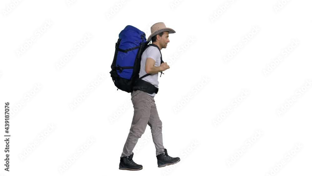 Camper in cowboy hat with rucksack walking on a road, Side view, Full HD footage with alpha transparency channel isolated on white background Camper in cowboy hat with rucksack walking on a road, Side view, Full HD footage with alpha transparency channel isolated on white background