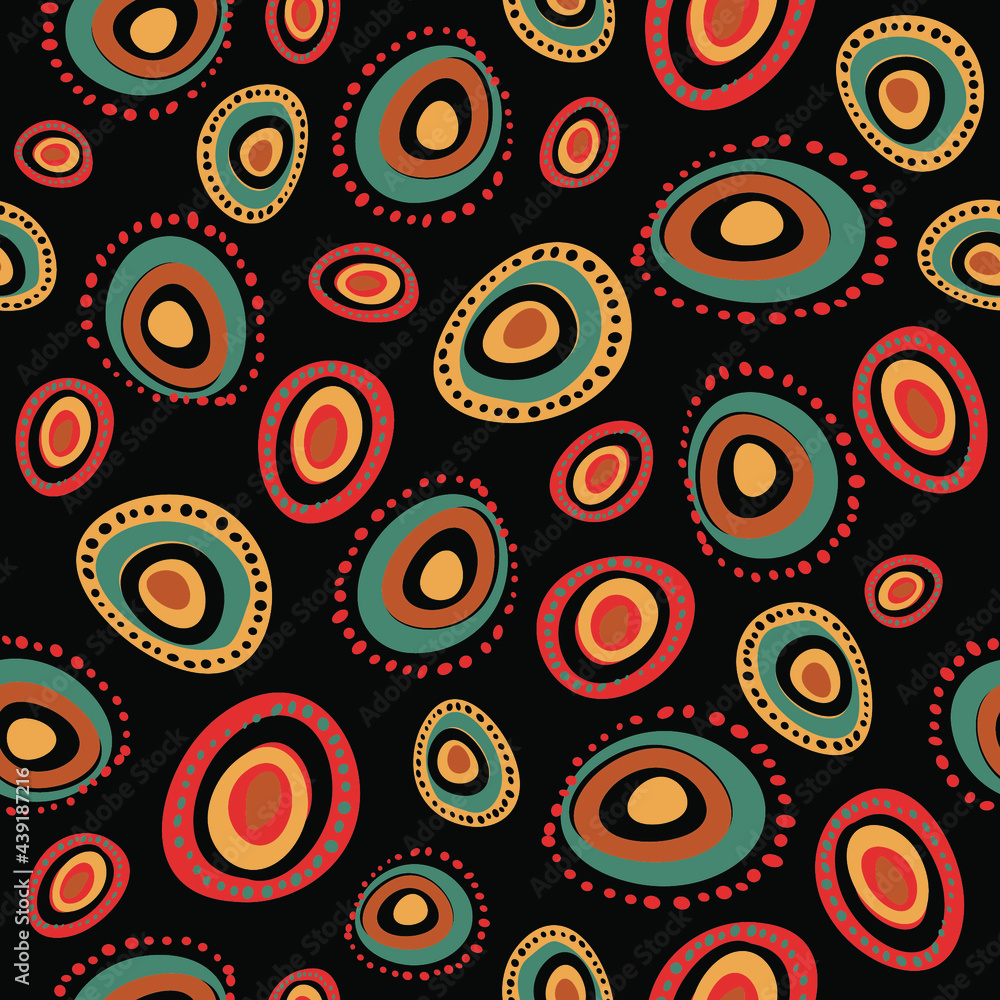 Fototapeta premium ndigenous Aboriginal Art Inspired Abstract Dots Seamless Pattern Against Black Background or textile, wallpaper, packaging, wrapping paper, backgrounds, packaging. Vector Illustration