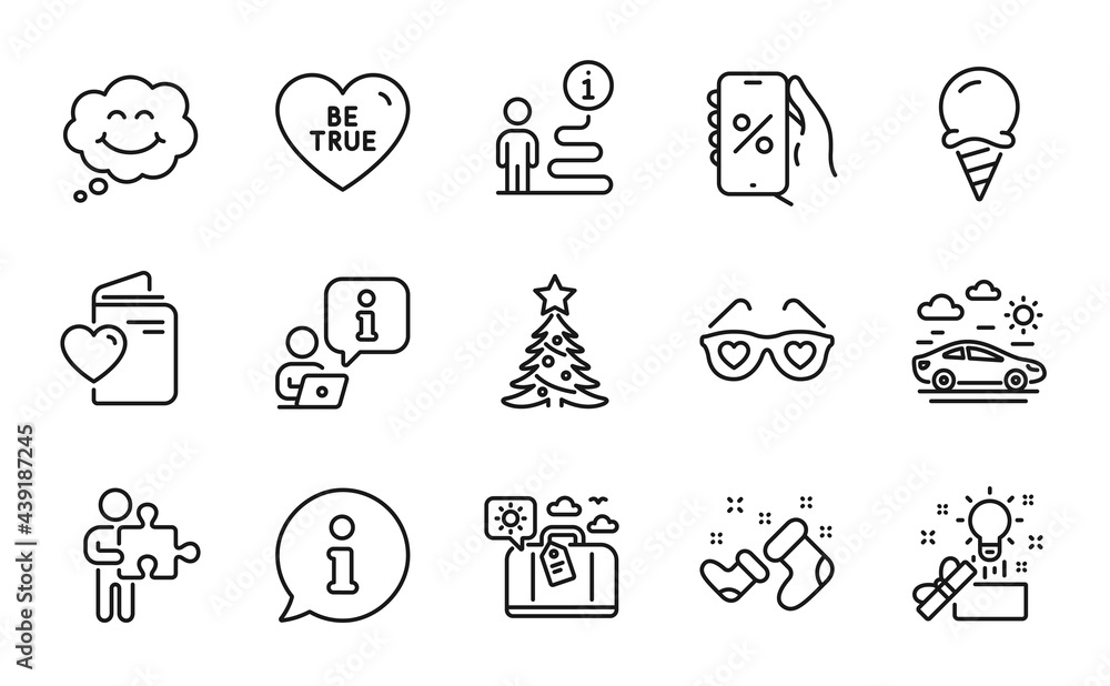 Holidays icons set. Included icon as Santa boots, Puzzle, Travel luggage signs. Car travel, Christmas tree, Be true symbols. Discounts app, Love document, Ice cream. Creative idea, Smile. Vector
