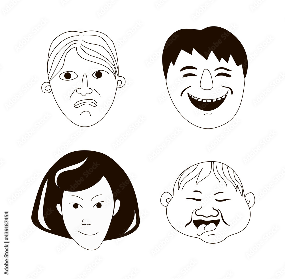 A set of four faces with different emotions in the style of doodle-child, girl, man and grandmother. Isolated on a white background. Stock vector illustration. A set of four faces with different emotions in the style of doodle-child, girl, man and grandmother. Isolated on a white background. Stock vector illustration.