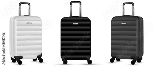 Baggage isolated. Set of silver travel plastic suitcase or vacation bag on white background. Summer vacation and product advertisement concept.