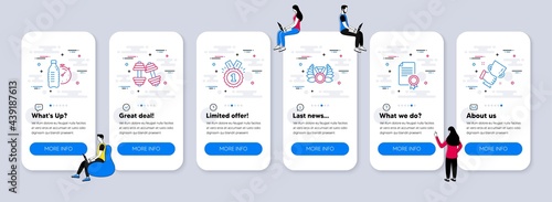 Sports icons set. UI phone app screens with teamwork. Included icon as Approved, Fitness water, Dumbbells signs. Laureate medal, Certificate, Winner cup line icons. Vector