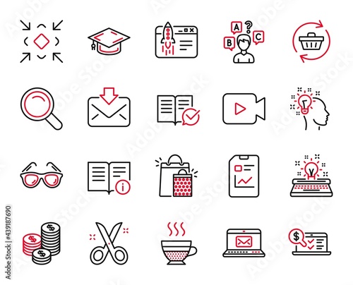 Vector Set of line icons related to Scissors, Search and Shopping bags icons. Report document, Typewriter and Coins signs. Minimize, Sunglasses and E-mail. Refresh cart, Idea and Quiz test. Vector