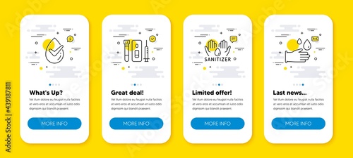 Vector set of Blood and saliva test, Hand sanitizer and Dermatologically tested line icons set. UI phone app screens with line icons. Rubber gloves icon. Vector