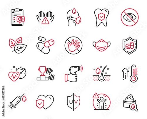 Vector Set of Healthcare icons related to Clean hands, Medical mask and Serum oil icons. Not looking, Organic tested and Capsule pill signs. Cardio training, High thermometer and Dumbbell. Vector