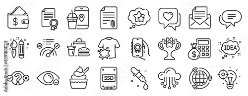 Set of Business icons  such as Quiz test  Myopia  Ranking stars icons. Creativity  Eco energy  Winner cup signs. Ice cream  Correct answer  Text message. Attachment  Heart  Award app. Ssd. Vector