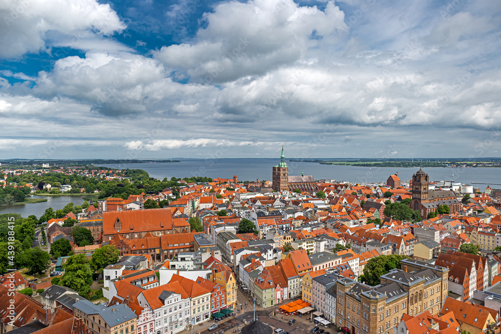 Aerial panoramic city view of Stralsund, Germany