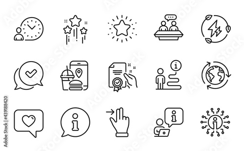 Technology icons set. Included icon as Info, Touchscreen gesture, Employees talk signs. Twinkle star, Food app, Certificate symbols. Outsourcing, Green electricity, Stars. Time management. Vector