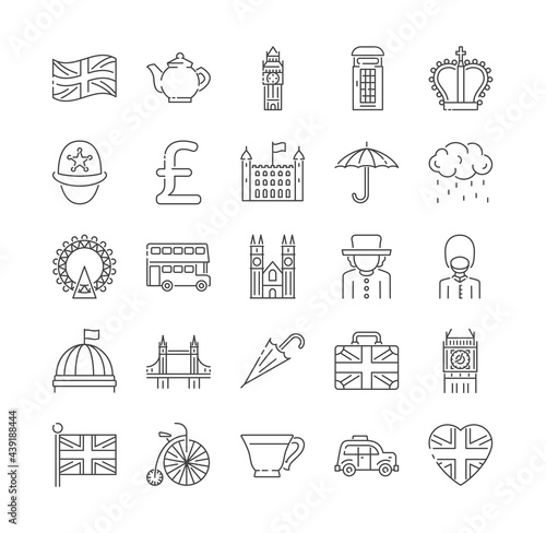 Set of London, England and UK icons thin line icons