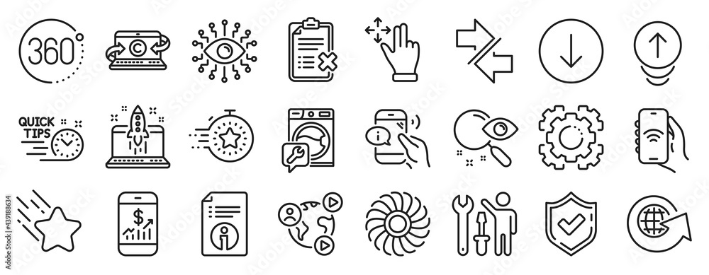 Set of Technology icons, such as Internet app, Timer, Video conference icons. Start business, Swipe up, 360 degrees signs. Fan engine, Reject checklist, Repairman. Move gesture, Search. Vector Set of Technology icons, such as Internet app, Timer, Video conference icons. Start business, Swipe up, 360 degrees signs. Fan engine, Reject checklist, Repairman. Move gesture, Search. Vector