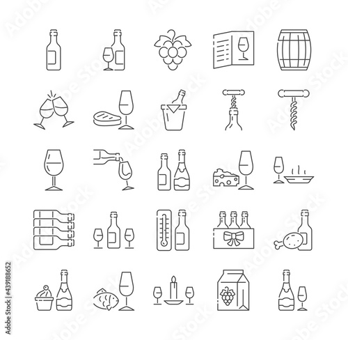 Wine and wine pairing line icons collection