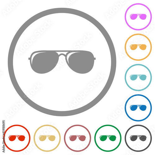 Aviator sunglasses with glosses flat icons with outlines