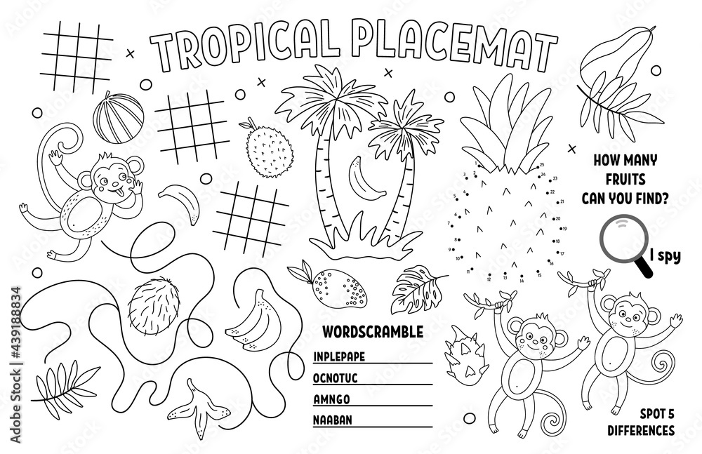 Vector tropical placemat for kids. Exotic summer printable activity mat with difference searching, dot-to-dot, maze. Black and white play mat or coloring page with cute jungle animals, monkey, banana