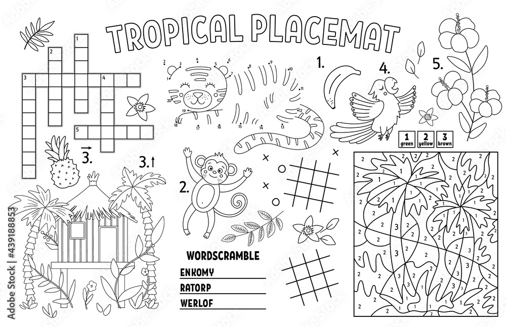 Vector tropical placemat for kids. Exotic summer printable activity mat with crossword, dot-to-dot, maze, color by number. Black and white play mat or coloring page with cute jungle animals, birds. . Vector tropical placemat for kids. Exotic summer printable activity mat with crossword, dot-to-dot, maze, color by number. Black and white play mat or coloring page with cute jungle animals, birds. .