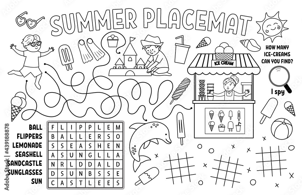 Vector summer placemat for kids. Beach holidays printable activity mat with wordsearch, tic tac toe charts, maze. Black and white play mat or coloring page with cute children, ice-cream, sandcastle. .