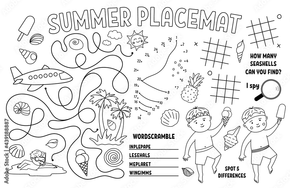 Vector summer placemat for kids. Beach holidays printable activity mat with difference searching, dot-to-dot, maze. Black and white play mat or coloring page with cute children, ice-cream, seashell. .
