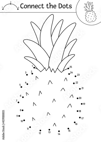 Vector dot-to-dot and color activity with pineapple. Summer connect the dots game for children with funny exotic fruit. Tropical coloring page for kids. .