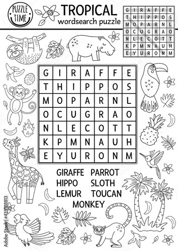 Vector black and white tropical wordsearch puzzle for kids. Simple summer crossword with exotic animals and birds for children. Keyword activity with cute funny giraffe, hippo, parrot, monkey.