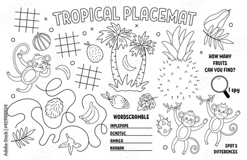 Vector tropical placemat for kids. Exotic summer printable activity mat with difference searching, dot-to-dot, maze. Black and white play mat or coloring page with cute jungle animals, monkey, banana